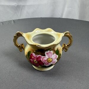 Vintage Enesco Bone China Floral Design Mini Sugar Bowl‎ Gold Painted Handles